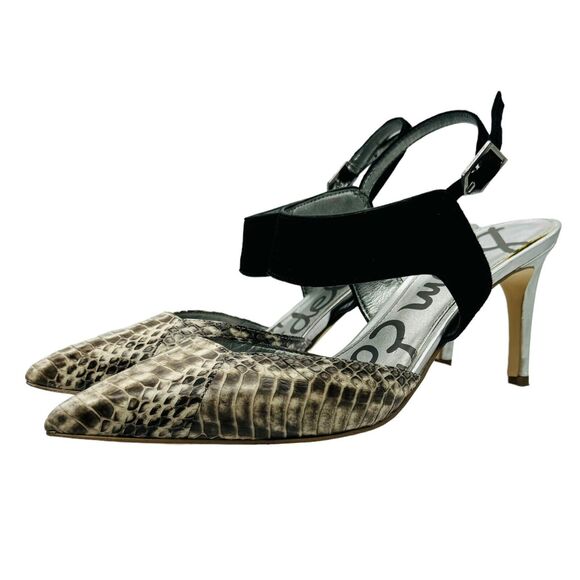Sam Edelman Ola Slingback Pumps Womens 8.5M Ivory Black Snake Print Pointed Toe - Picture 7 of 16